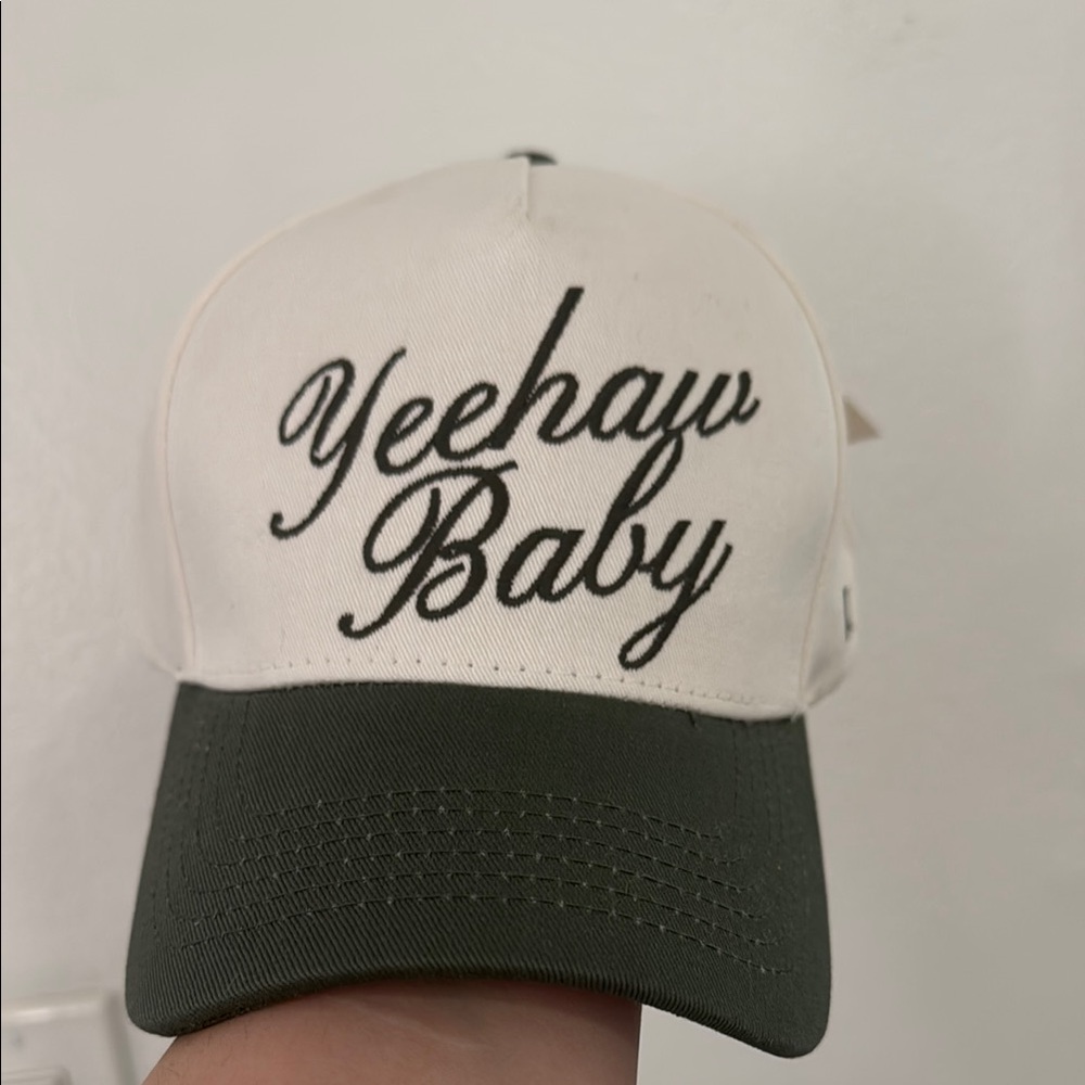 Cream and Green Snapback Hat with Embroidered Text